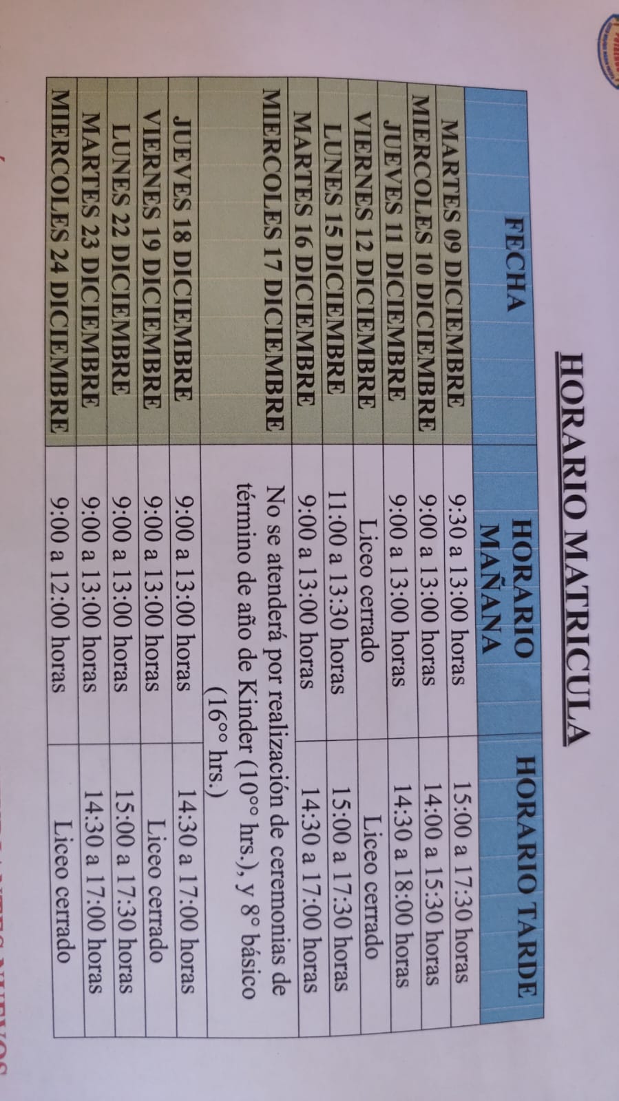 Horario de matricula